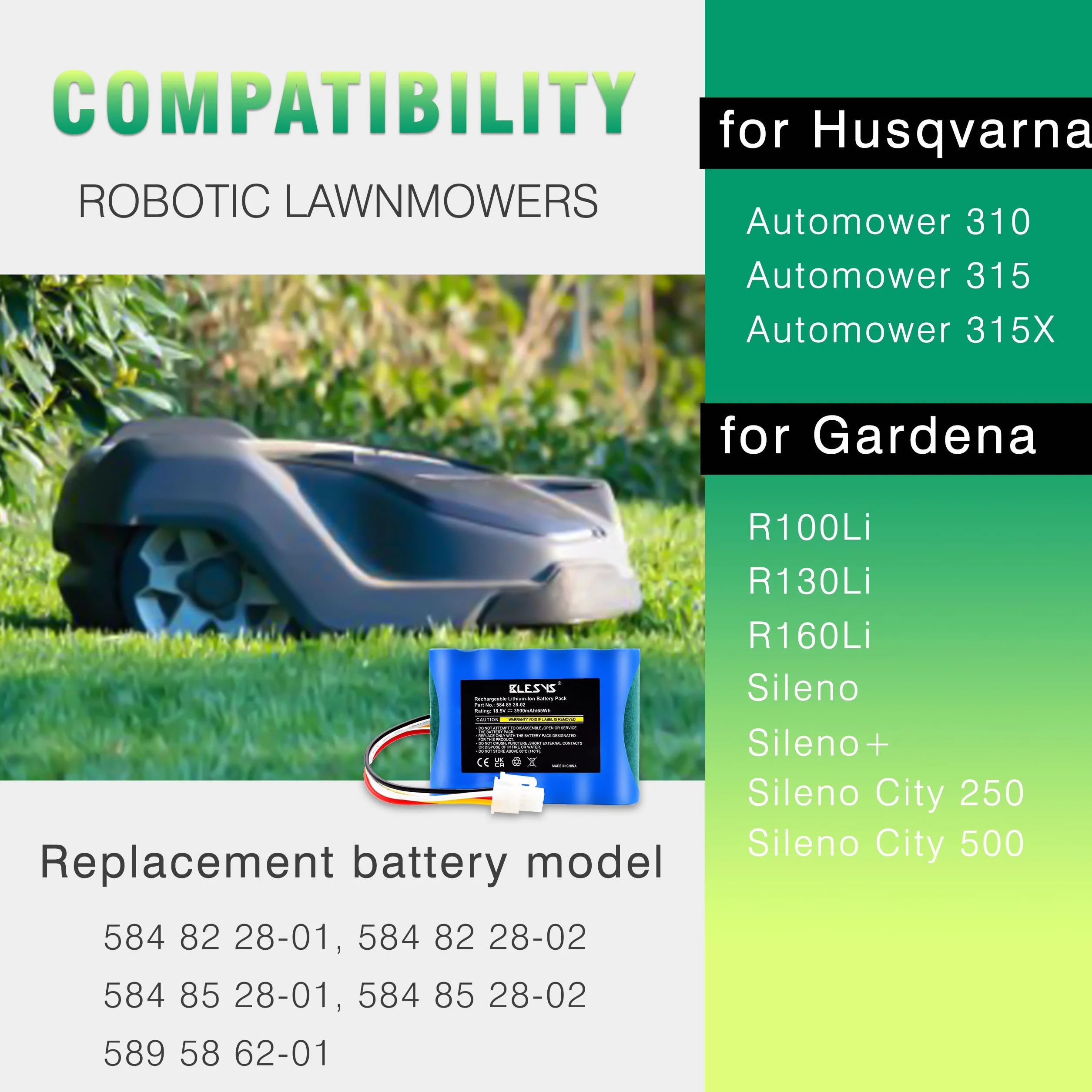 BLESYS 18,5 V 3500 mAh Batería para Husqvarna Automower 310 315 315X Batería de Repuesto para Robot Cortacésped 584 82 28-01, 584 82 28-02, 584 85 28-01, 584 85 28-02, 589 58 62-01, 592 96 83-01