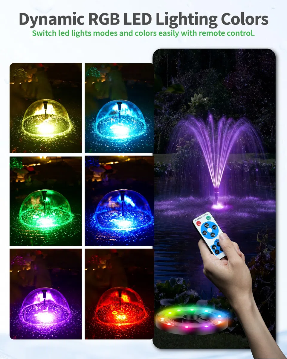 POPOSOAP Fuente para Estanque con Luces RGB - Bomba Sumergible 40W, Caudal 2100 l/h, Altura y Caudal Ajustables para Decoración Diurna y Nocturna del Estanque y Mejora de la Calidad del Agua