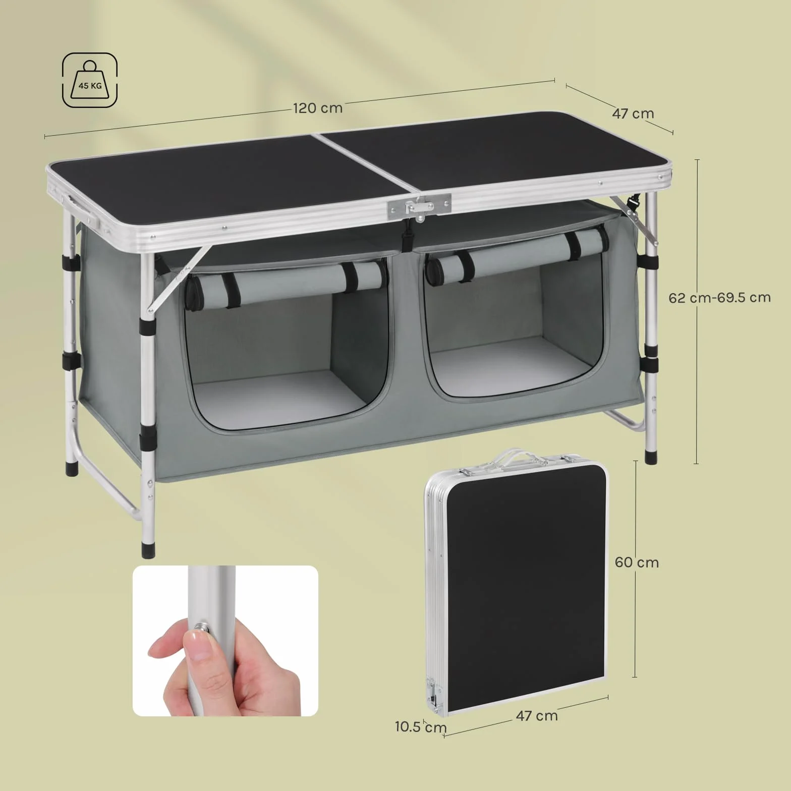 WOLTU Mesa de Camping Cocina de Acampada Málaga Mesita Plegable de Aluminio, Mesas de Picnic Altura Ajustable 120x47x62/69.5 cm, Negro+Gris