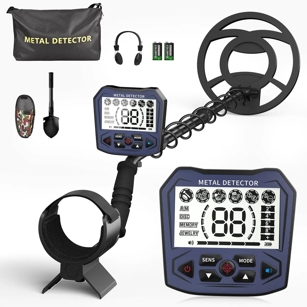 Detector de Metales Profesional con 2 Baterías, 5 Modos para Adultos y Niños, Recargable con Bobina Impermeable, Auriculares y Pala Excavadora (Azul Ceniza)