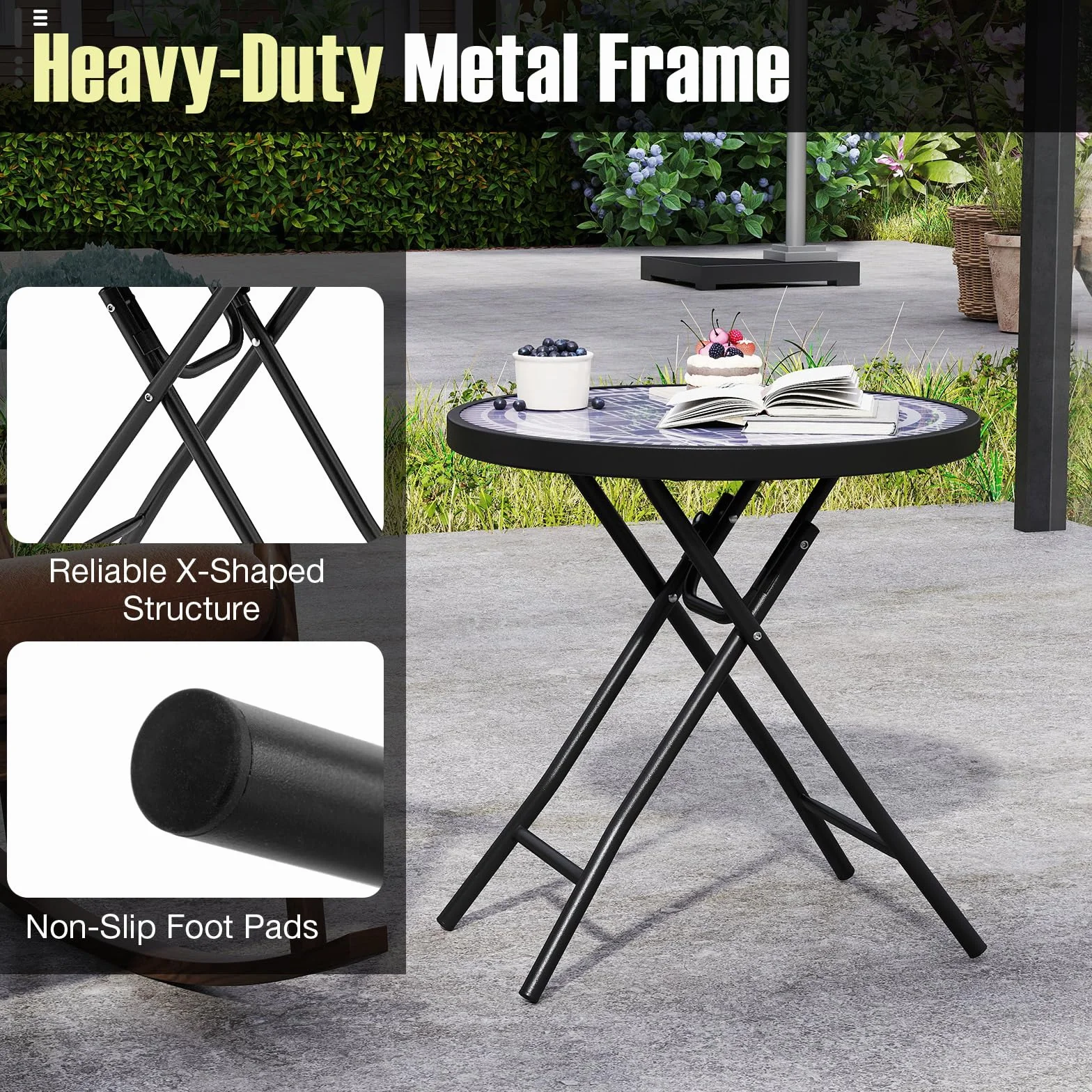 KOMFOTTEU Mesa de Jardín de Vidrio Templado de 46 cm, Mesa Auxiliar Plegable con Marco de Metal, Mesa de Comedor Redonda para Patio, Terreza, Balcón, Mesa Lateral para Interior y Exterior (Gris)