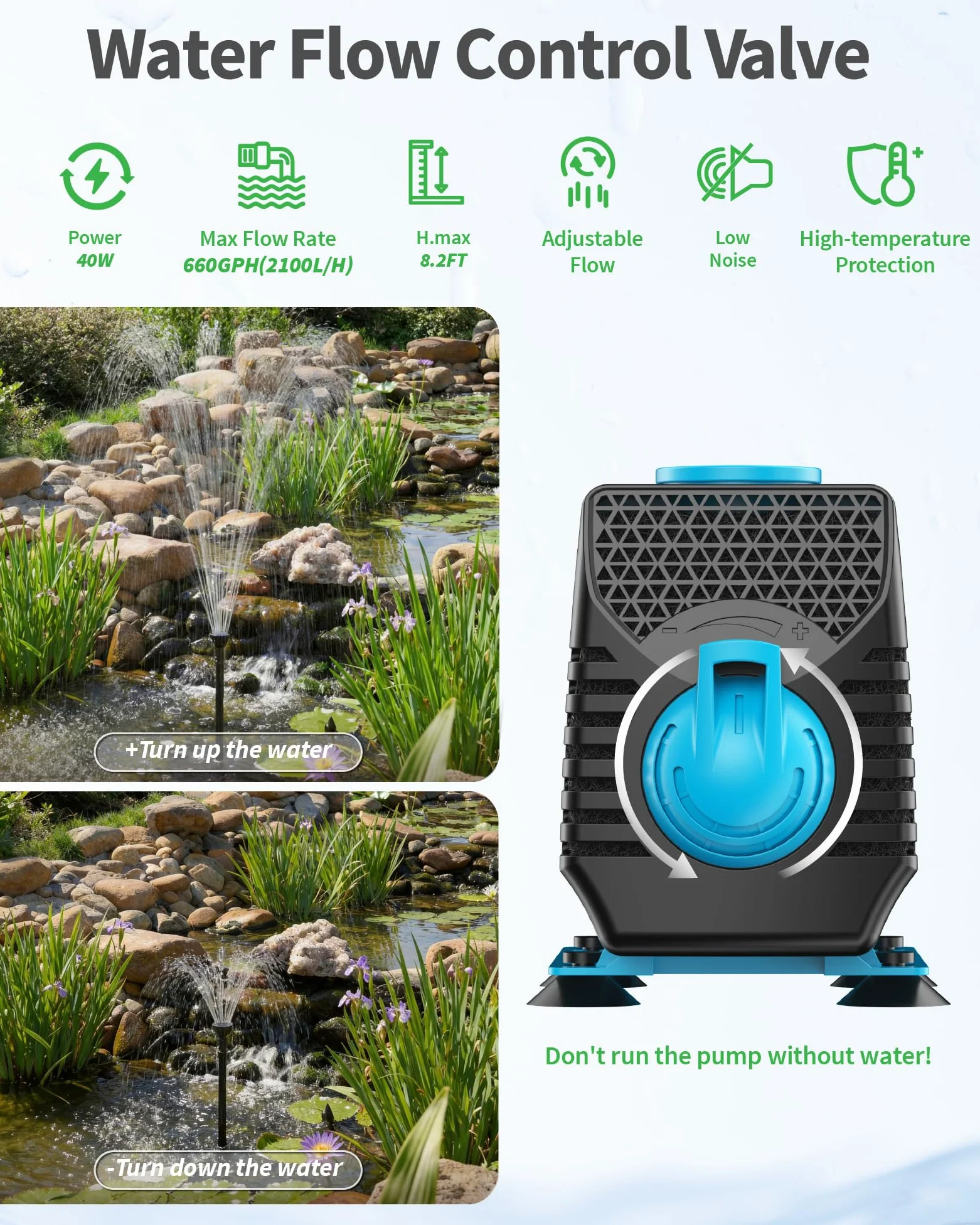 POPOSOAP Fuente para Estanque con Luces RGB - Bomba Sumergible 40W, Caudal 2100 l/h, Altura y Caudal Ajustables para Decoración Diurna y Nocturna del Estanque y Mejora de la Calidad del Agua
