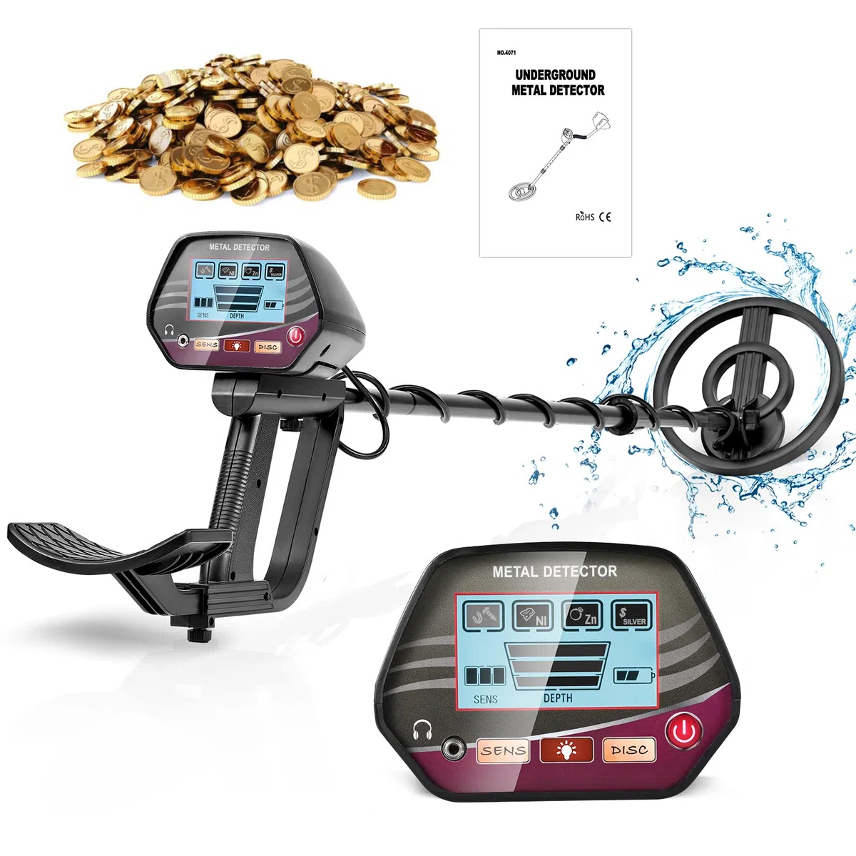 Detector de Metales con 2 Baterías, Ajustable Longitud de 84-110 cm, Detector de Metales Impermeable de Alta precisión con Pantalla LCD para niños y Adultos