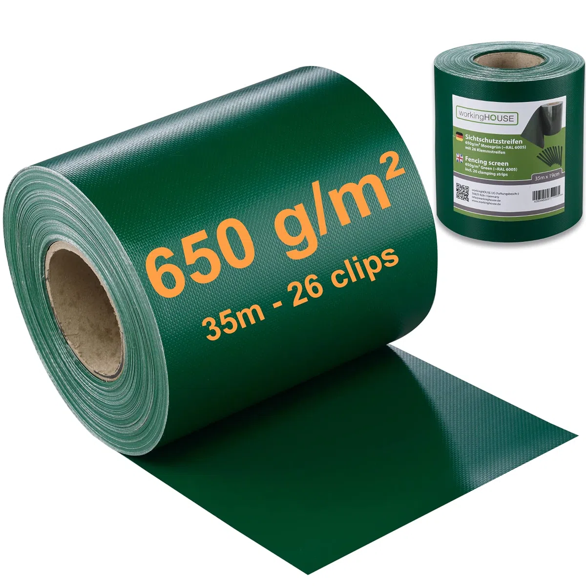 Workinghouse PVC pantalla de privacidad tiras para valla de doble piquete - 650g 35m x 19cm - valla de privacidad valla de jardín pantalla de privacidad película de valla - incl. 26 clips (Verde)