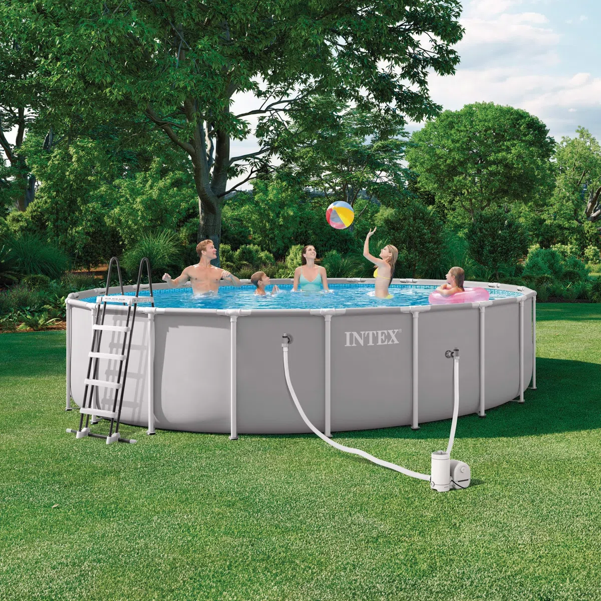 Intex - Piscina Desmontable, Gris, D610x132 cm, Capacidad para 32.695 litros, Escalera, Tapiz, Cobertor, Estructura metálica, Montaje 60 Minutos, Conexiones Ø38 mm (56087)