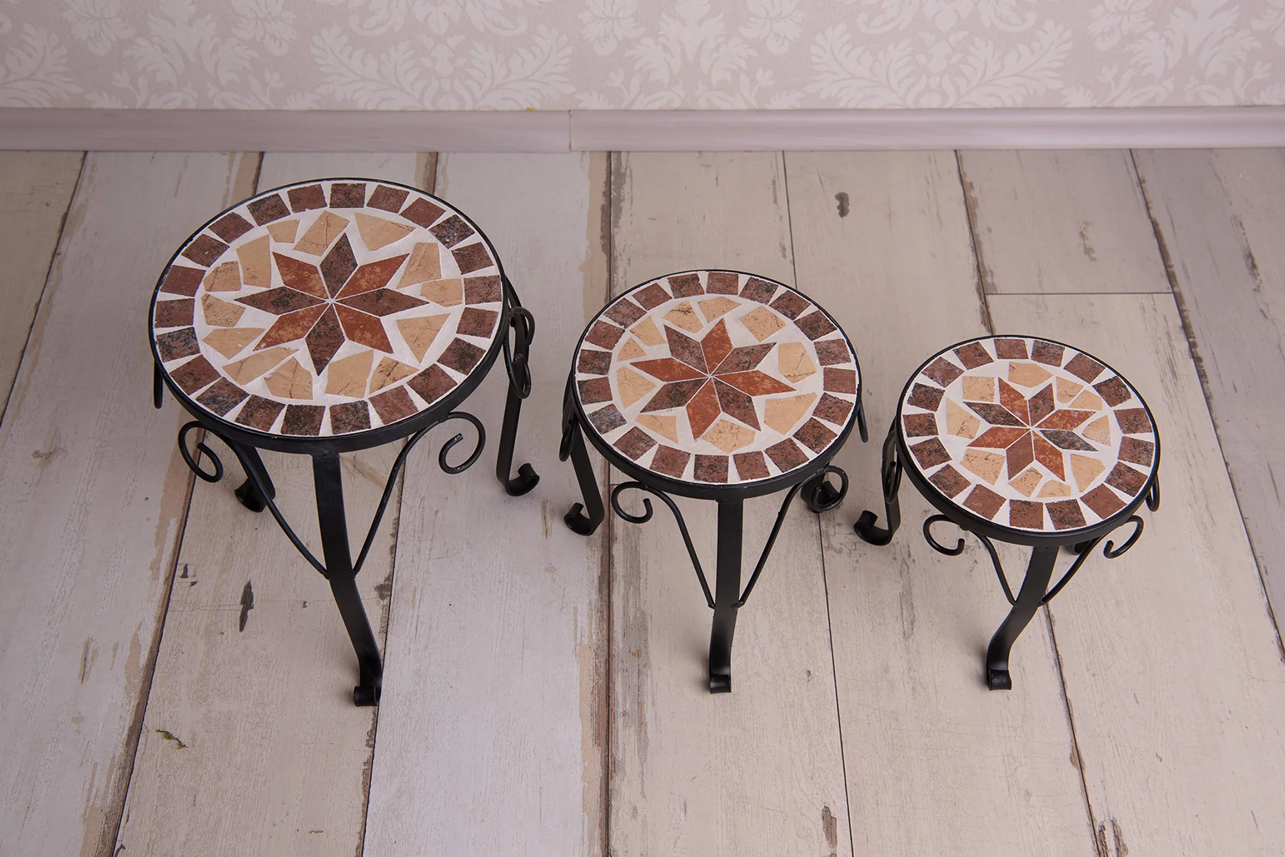 Dszapaci Juego de 3 taburetes para flores, diseño de mosaico, redondo, soporte para flores, metal, terraza, soporte para plantas, de cerámica (juego de 3)