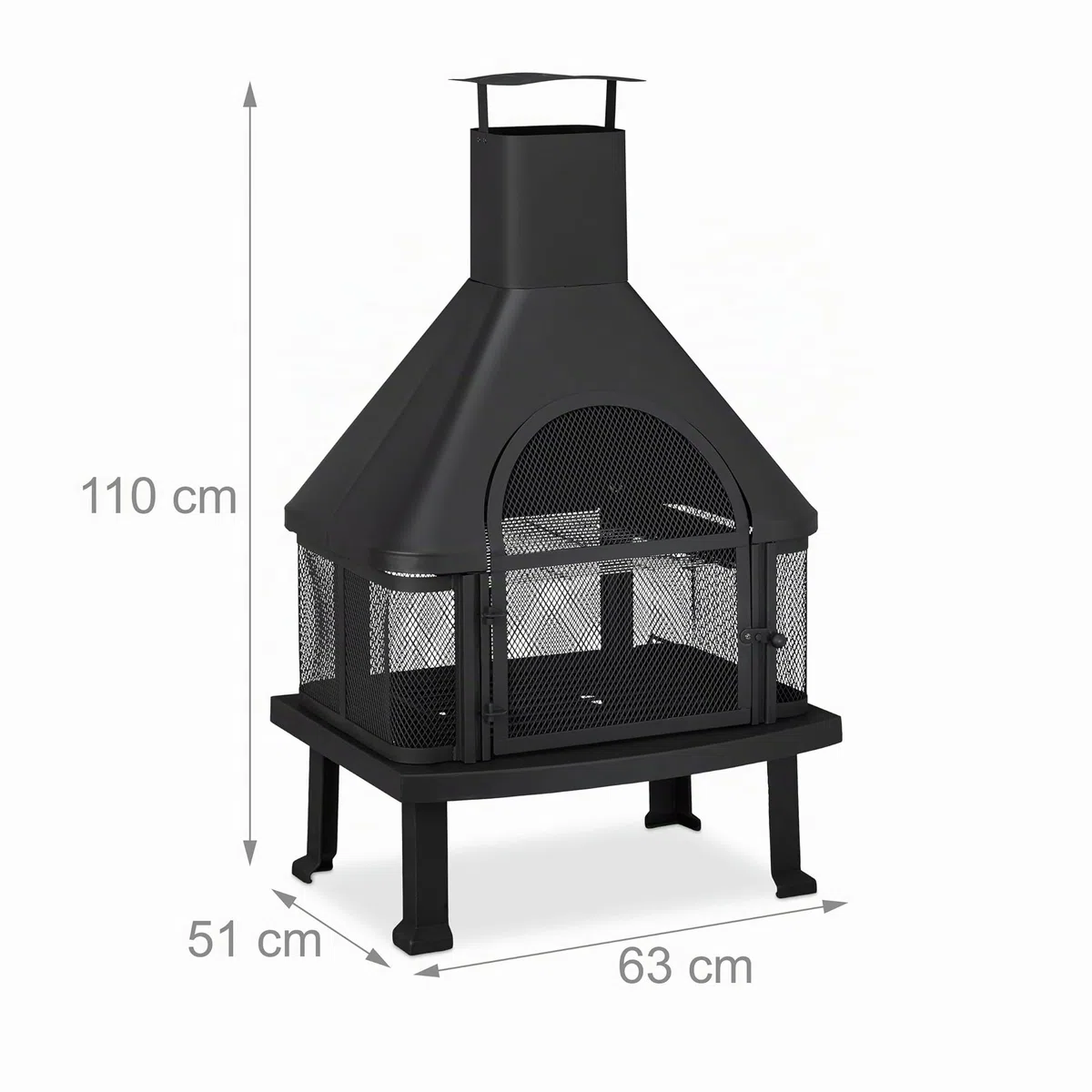 Relaxdays Chimenea exterior con parrilla, Protección contra chispas, Atizador, Acero, 110 x 63 x 51 cm, Negro
