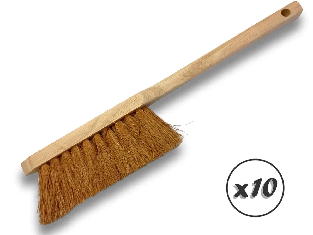 Cepillo de fibra de coco natural | Lote de 10 | Mango largo de madera | Longitud 45 cm | Polvo arena tierra yeso cemento cenizas chimeneas barbacoas | Kibros 820Mbx10