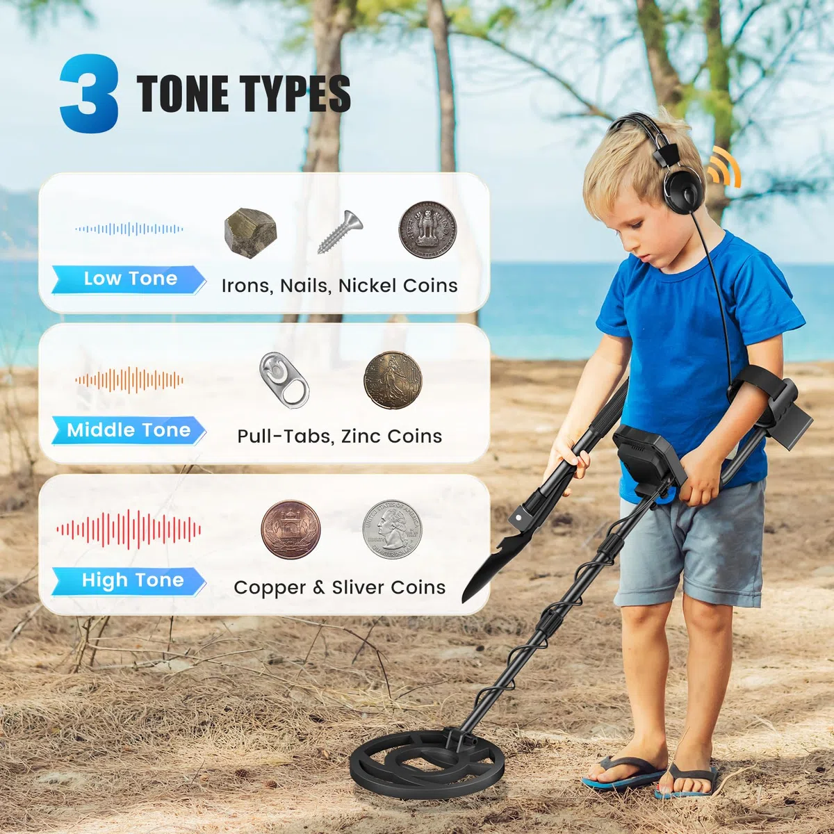 Detector de Metales Profesional con 2 Baterías, 5 Modos para Adultos y Niños, Recargable con Bobina Impermeable, Auriculares y Pala Excavadora (Azul Ceniza)