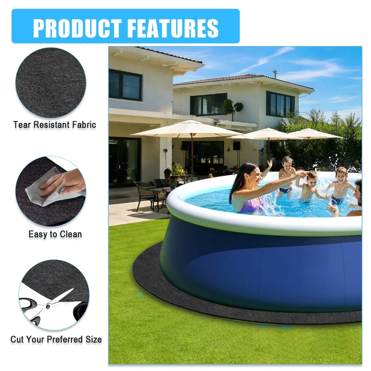 Base redonda para piscina de 370 cm – Base antideslizante para piscina al aire libre, protección del suelo para piscinas y jacuzzis, plegable, resistente, protección para la cubierta de