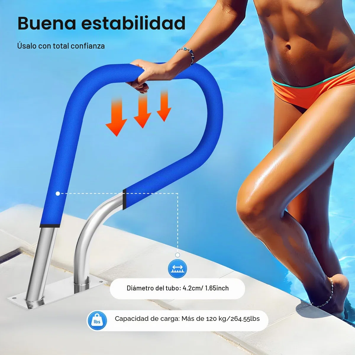Barra de apoyo de piscina de acero inoxidable, pasamanos de piscina, diseño curvo, para piscinas, spas, parques acuáticos, etc. Carga máxima: 130 kg, plata