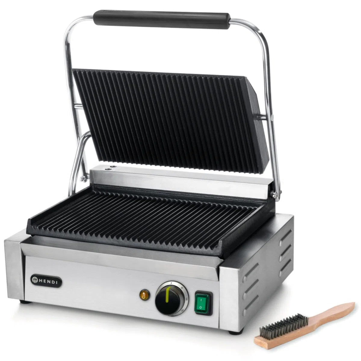 HENDI Parrilla Eléctrica de Contacto, Grill/Plancha Panini y Sandwichera Profesional, Placas Acanaladas de Hierro Fundido Esmaltado, 230V, 2200W, 430x375x(H)216mm, Acero Inoxidable