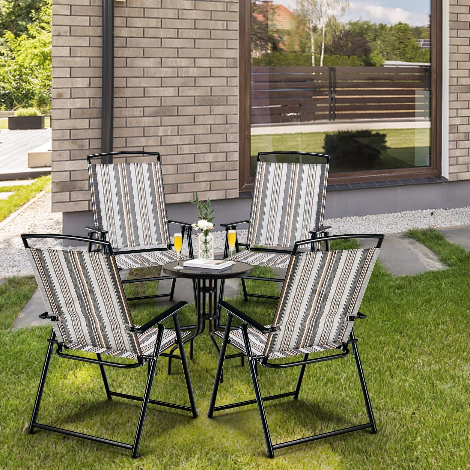 COSTWAY Juego de 2 Sillas de Jardín Plegables, 2 Sillas Terraza Exterior Tejido Transpirable, Respaldos y Reposabrazos, 51 x 61,5 x 92 cm, Sillas de Comedor de Jardín para Exterior