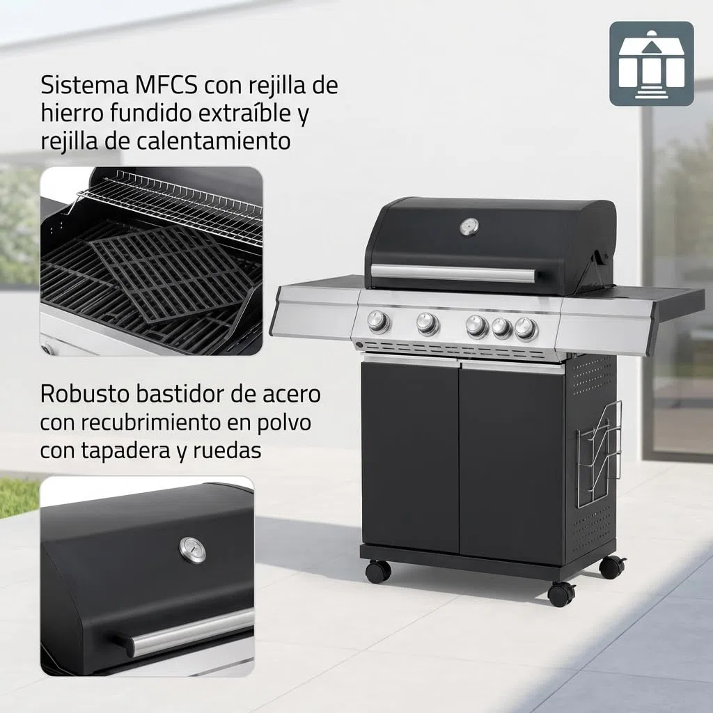 Tarrington House Barbacoa de gas Paxton de 4 + 1 Quemadores, Acero/Acero Inoxidable, Tapa con Termómetro, Mesa Auxiliar, Ruedas, Negro